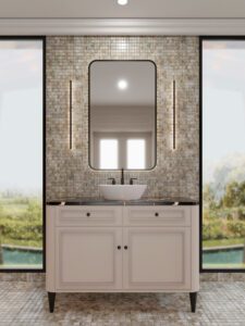 Modern small bathroom with floating vanity, mirror cabinet, and soft lighting for a bright and spacious feel.