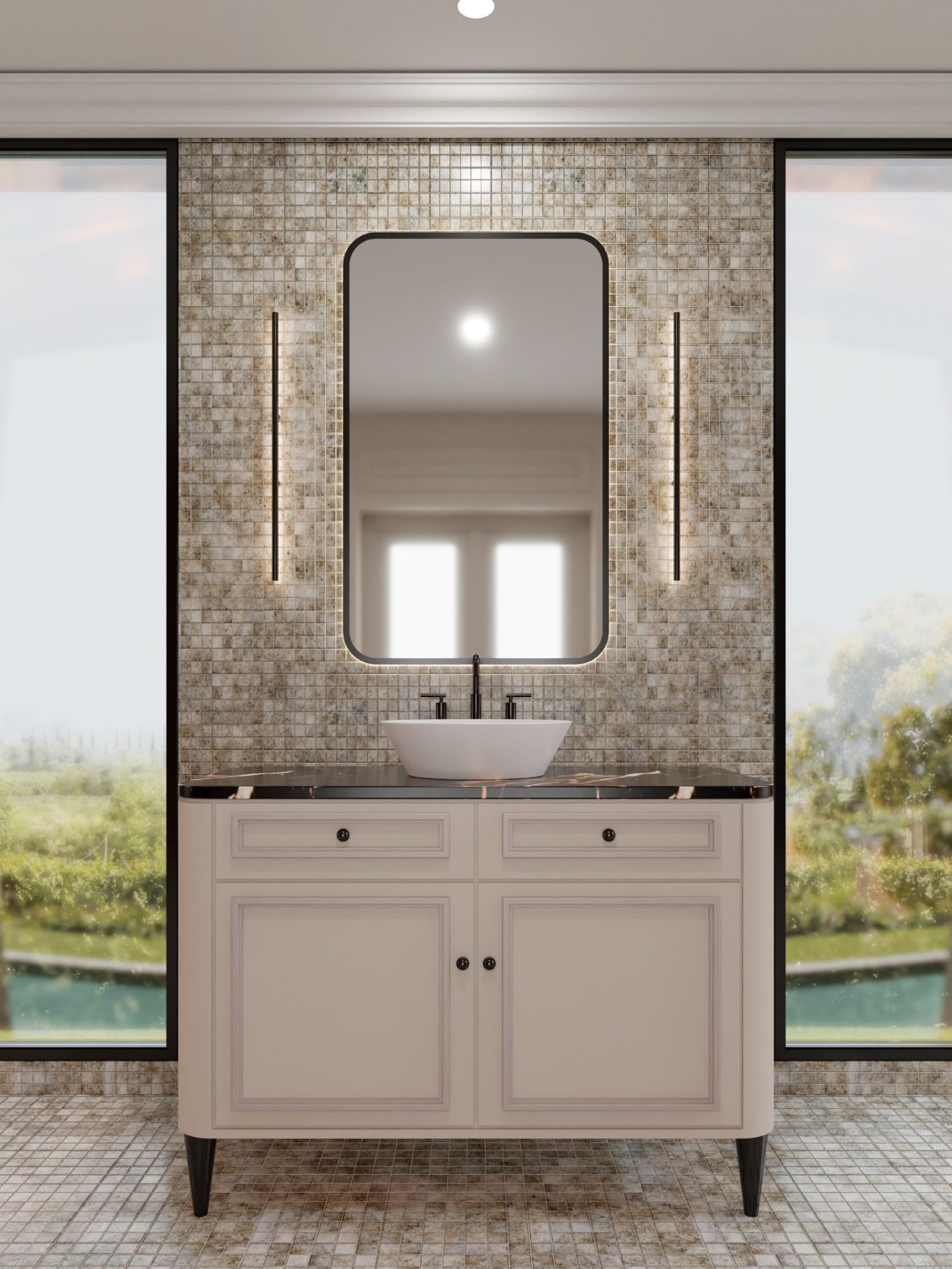Modern small bathroom with floating vanity, mirror cabinet, and soft lighting for a bright and spacious feel.